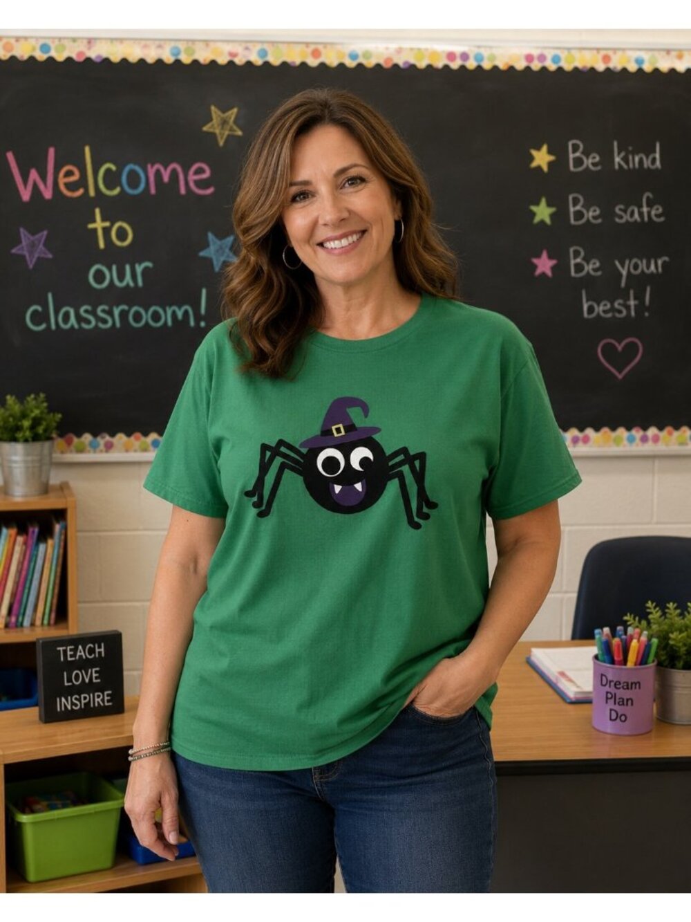 Gildan Halloween Green T-Shirt Black Spider Graphic Size L Short Sleeve